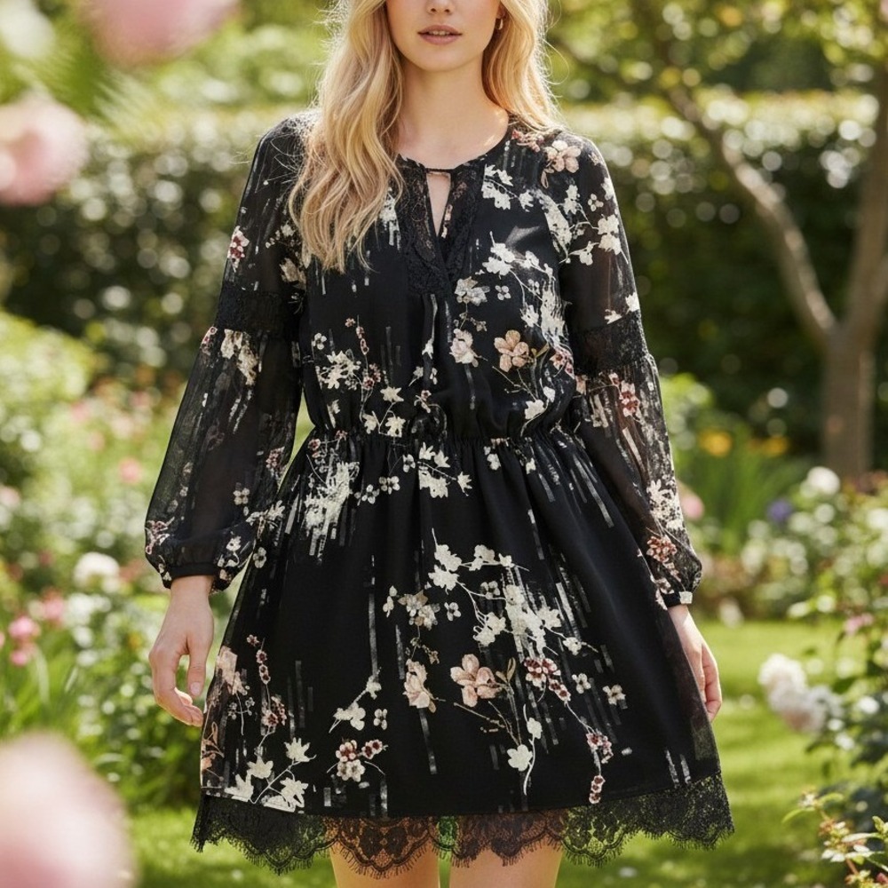 White House Black Market Floral Lace Short Dress Black Petite 2P Long Sleeve